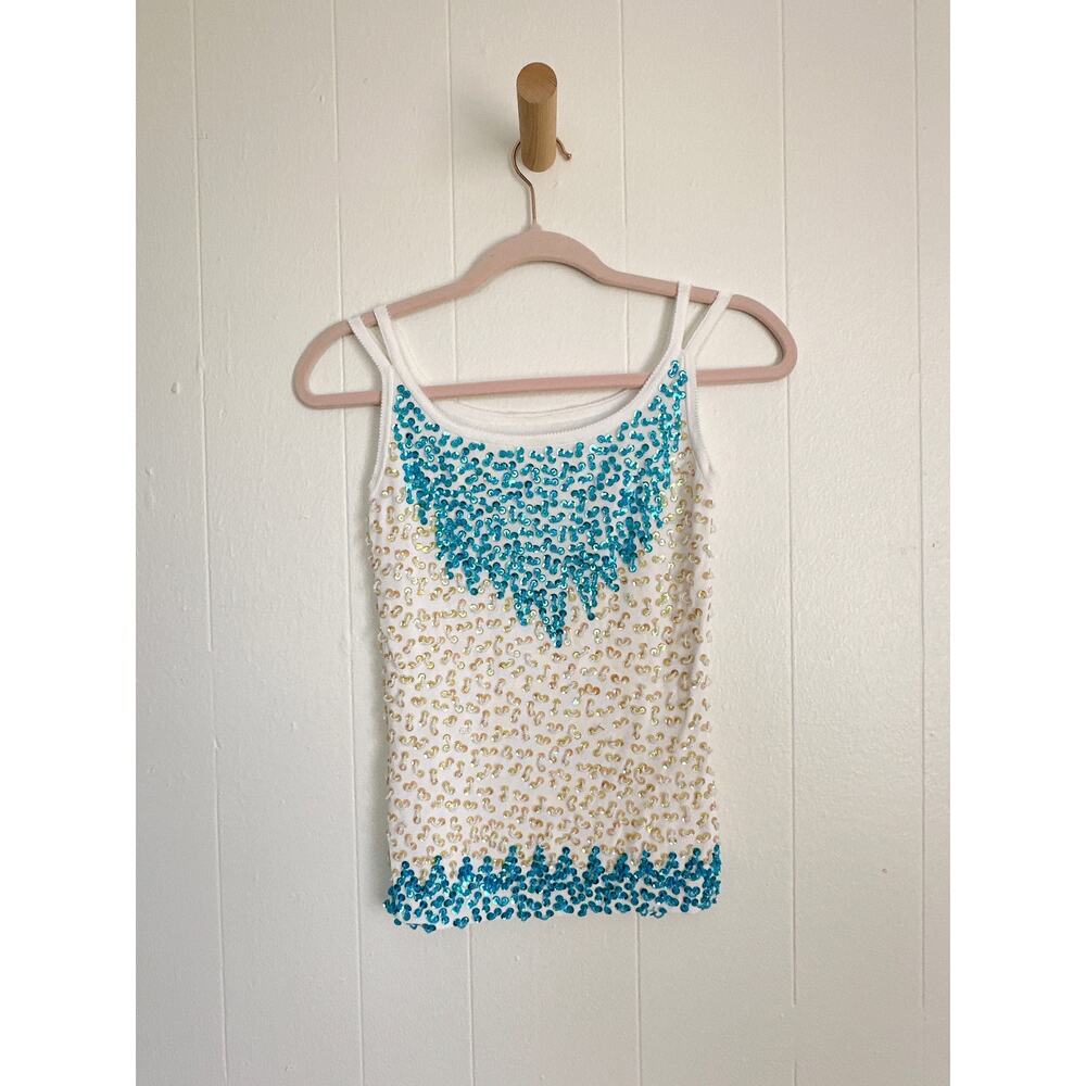 VTG 90s Handmade Beaded Sequin Ribbed Top - Artisanal Hand-Sewn from China - S